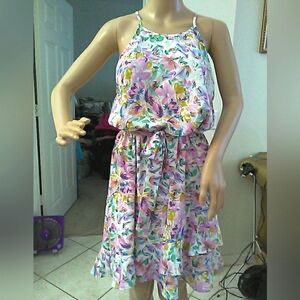 Nwot Staccato Multicolor Floral Dress Sleeveless+ Belted Ruffles Sz. LG Dainty
